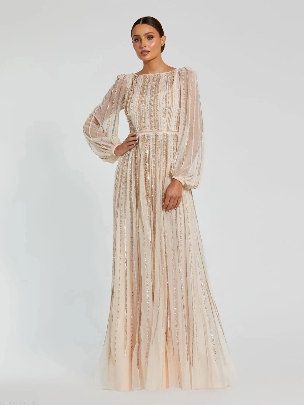 Mac Duggal 94081 Pink Boat Neck Long Sleeve Gown With Striped Beading sz 4